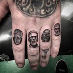 Horror movie monster micro tattoos by Isaiah Negrete. #IsaiahNegrete #blackandgrey #fineline #microtattoo #horror #monster #classic #frankenstein #werewolf