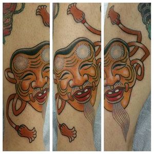 Funny Okina Mask Tattoo by Ian Hansen #OkinaMask #NohMask #Japanesetattoo #IanHansen