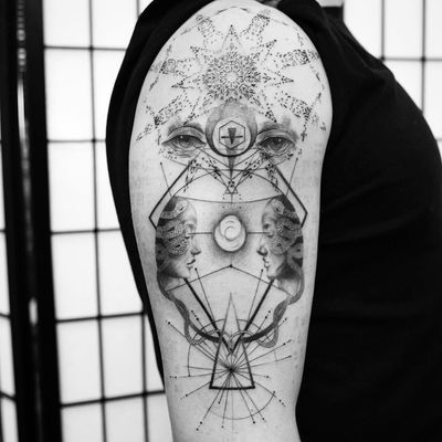 We are all made of stars tattoo by Balazs Bercsenyi #balazsbercsenyi #blackandgrey #geometrictattoos #mandala #eyes #symbol #shapes #triangle #faces #portrait #snake #moon #light #llinework #dotwork #tattoooftheday