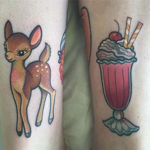 Deer and milkshake tattoos by Hollie West. #traditional #cute #food #deer #milkshake #HollieWest