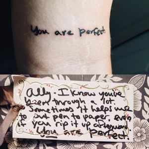 #taylorswift wrote a note dedicated to a fan, Ally, who got the note tattooed on her arm.