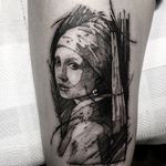 Girl With a Pearl Earring by Vermeer. Tattoo by Gghost #Gghost #finearttattoos #illustrative #linework #painting #girlwithapearlearring #vermeer #lady #portrait
