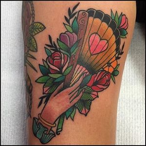 Traditional love fan, by Tilly Dee #TillyDee #fantattoo #fan #roses #flowers #hand