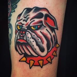 Awesome looking bulldog head tattoo by Joshua Marks. #JoshuaMarks #ETS #traditionaltattoos #boldtattoos #classic #bulldog