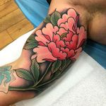 Awesome and solid peony tattoo done by Dan Hartley. #DanHartley #TripleSixStudios #NeoTraditional #peony #kingflower