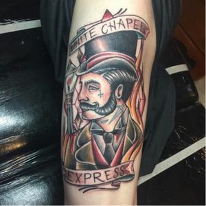 Jack the Ripper tattoo by Ron Higgins. #JacktheRipper #serialkiller #history #england #london #killer #traditional