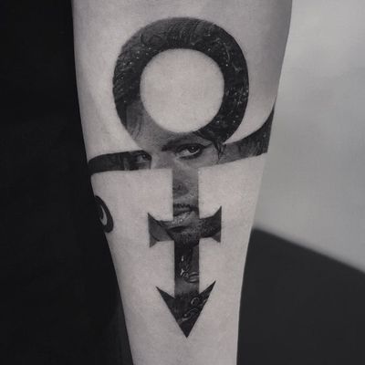 Prince tattoo by Cold Gray #ColdGray #blackandgrey #realism #realistic #hyperrealism #Prince #musictattoo #lovesymbol #love #symbol #musictattoo #singer #portrait #eyes