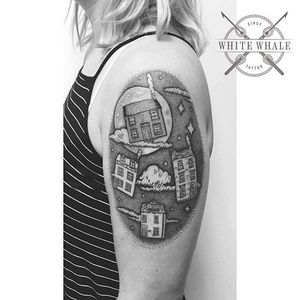 House tattoo by White Whale Tattoo via Instagram @whitewhaletattoo #house #home #architecture #blackwork