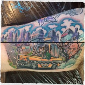 Cool storytelling tattoo by Mana Tattooist #Mana #taxitattoo #storytelling #colortattoo #taxi #cab
