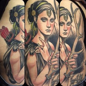 Greek goddess Artemis tattoo by Jurgen Eckel #JurgenEckel #neotraditional #lady #artemis #goddess #mythology