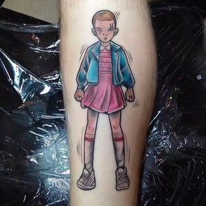 Cartoon style Eleven from Stranger Things. Tattoo by Johnny Sepulveda @tattoosbyjohnny #StrangerThings #Netflix #tvshow #tvseries #Eleven