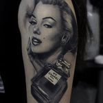 Marilyn Monroe via instagram secretflesh_tattoo #blackandgrey #portrait #marilynmonroe #chanel #perfume #realism #andreystepanov