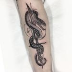 Snake and sword tattoo by Gabriele Cardosi #GabrieleCardosi #whiteinktattoos #blackandgrey #snake #reptile #fangs #sword #knife #star #oldschool #neotraditional #mashup #tattoooftheday