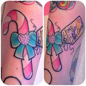 Mean Girls inspired candy cane tattoo by Sam Whitehead. #cute #girly #MeanGirls #christmas #candycane #SamWhitehead