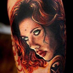 Black Widow Tattoo, artist unknown #BlackWidow #AvengersTattoo #MarvelTattoo #ScarlettJohansson #Portrait