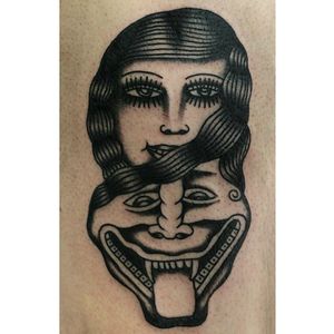 Awesome looking woman's face to demon face tattoo done by Henry Big. #HenryBig #RainCityTattooCollective #traditional #blckwrk #blackwork #girlhead #demon