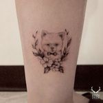 Dog tattoo by Goyo. #Goyo #subtle #fineline #southkorean #reindeerink #blackandgrey #floral #dog #cute