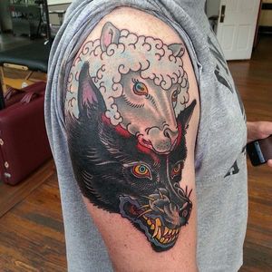 Wolf and Sheep Cowl Tattoo by Clay McCay #wolfinsheepsclothing #wolf #sheep #traditional #ClayMcCay