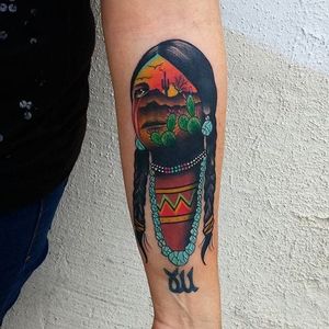 Native American and desert scene double exposure traditional tattoo by Ry Tang. #traditional #traditionaltattoo #doubleexposure #RyTang #silhouette #face #NativeAmerican #turquoise