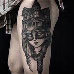 Blackwork manor portrait tattoo by Tyler Allen Kolvenbach. #TylerAllenKolvenbach #blackwork #manor #house #dark #grim #portrait #woman #mask