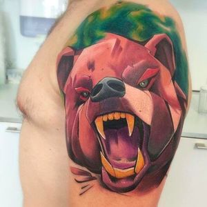 Watercolor style bear tattoo by @spendlotatts #spendlotatts #Bear #BearTattoo #watercolor