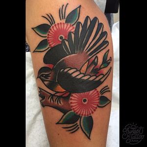 Traditioanl twist on the kiwiana tattoo done by Fabian at Sunset Tattoo, Auckland #kiwiana #bird #birdtattoo  #fantail #tui #Pohutukawa #traditional #newzealand