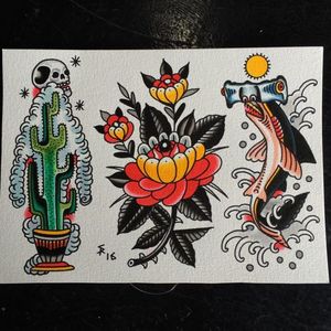 Traditional tattoo flash by Sam Ricketts, photo from Sam's Instagram. #flash #flashsheet #traditional #cactus #flower #shark