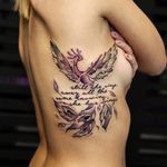 Watercolor phoenix and script tattoo by Georgia Grey. #illustrative #sketchy #watercolor #GeorgiaGrey #bird #phoenix #lettering #script