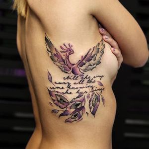 Watercolor phoenix and script tattoo by Georgia Grey. #illustrative #sketchy #watercolor #GeorgiaGrey #bird #phoenix #lettering #script