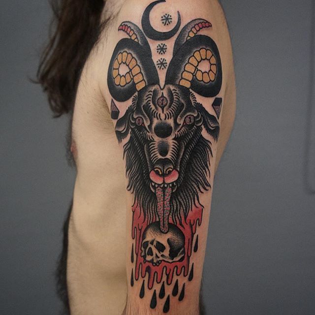 blackwork ram skull tattoo by Justin Wayne TattooNOW