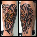 A highly stylized traditional reaper by Geno (IG—genotattoo). #Death #Geno #GrimReaper #reaper #traditional