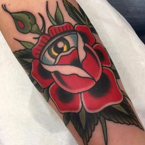 Eye of the rose by Griffen Gurzi #griffengurzi #color #traditional #rose #flower #floral #rosebud #leaves #nature #eye #thirdeye #allseeingeye #tattoooftheday