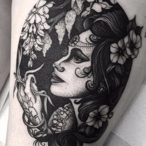 Nature Queen by Kelly Violence #KellyViolence #neotraditional #blackwork #portrait #ladyhead #lady #flowers #jewelry #face #violets #rose #daisies #leaves #nature #crown #tree #tattoooftheday