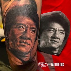Jackie Chan tattoo by Zhang Po. Needham helped introduce Chan to American audiences. (via IG --  tattoo_lous_ny) #ZhangPo #jackiechan #jackiechantattoo #cannonballrun #halneedham