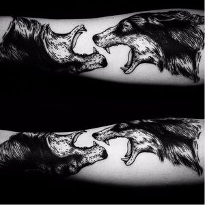 Blackwork dogs tattoo by Casper Mugridge. #CasperMugridge #blackwork #dog