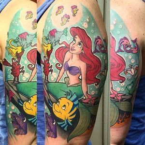 Colorful Little Mermaid half sleeve by Jackie Huertas. #traditional #JackieHuertas #Disney #TheLittleMermaid #Ariel #fish #lobster #mermaid