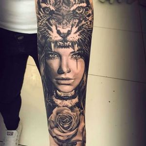 Awesome tiger and woman tattoo by Martin Kukol #tigertattoo #tiger #woman #portrait #blackandgrey #rose #rosetattoo #animaltattoo #realistictattoo #wildcat #martinkukol