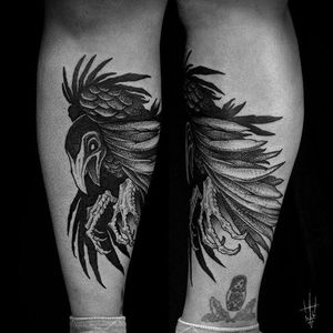 Deathly bird tattoo by Sergei Titukh. #SergeiTitukh #blackwork #creepy #nightmare #creature #spooky #dark #monster #bird