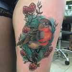 Robin and berries thigh piece by Tim Lemper. #neotraditional #berries #bird #robin #TimLemper