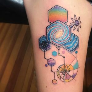 Colorful geometric tattoo by Jeremy Sloo Hamilton #JeremySlooHamilton #sloo #color #geometrictattoos #hexagon #galaxy #star #planet #shell #spiral #fractal #sacredgeometry #shapes #dotwork #linework #tattoooftheday