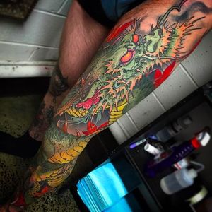 Dragon leg sleeve tattoo by Matty D. Mooney. #dragon #ryu #japanese #legsleeve #mattydmooney
