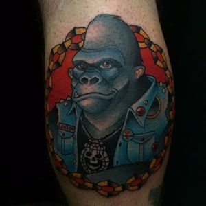 Punk Ape tattoo by @mileskanne #mileskanne #neotraditionaltattoo #animaltattoo #stevestontattoocompany #ape