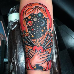 Tattoo by Robert Ryan #RobertRyan #color #traditional #Christianity #surreal #swords #heart #sacredheart #fire #virginmary #space #universe #saturn #moon #stars #love