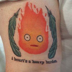 Calcifer tattoo by Jesse Alvarado. #calcifer #studioghibli #fire #anime #film #animation #ghibli #howlsmovingcastle #quote #jessealvarado