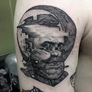 Glitch moon man tattoo by Max Amos. #MaxAmos #blackwork #glitch #pointillism #dotwork #man #crescentmoon #crescent