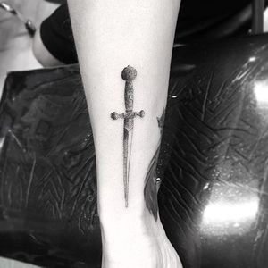 Sword micro tattoo by Isaiah Negrete. #IsaiahNegrete #blackandgrey #fineline #microtattoo #sword