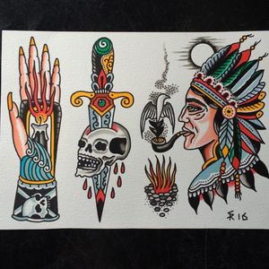 Traditional tattoo flash by Sam Ricketts, photo from Sam's Instagram. #flash #flashsheet #traditional #oldschool #skulldagger #candle #hand #fire