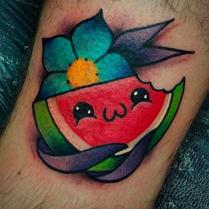 Cute beady-eyed Watermelon Tattoo by Joe Fletcher @Wagabalooza #JoeFletcher #Watermelon #WatermelonTattoo #Fruit