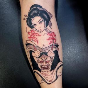 Hannya and geisha tattoo by Silly Jane #SillyJane #blackfill #illustrative #linework #hannya #mask #geisha #peonies #flowers #kimono #pattern #demon #yokai #ghost #graphic #horror #darkart