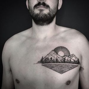 Blackwork mountain tattoo by Sylvie le Sylvie. #SylvieLeSylvie #blackwork #pattern #mountain #forest #geometric